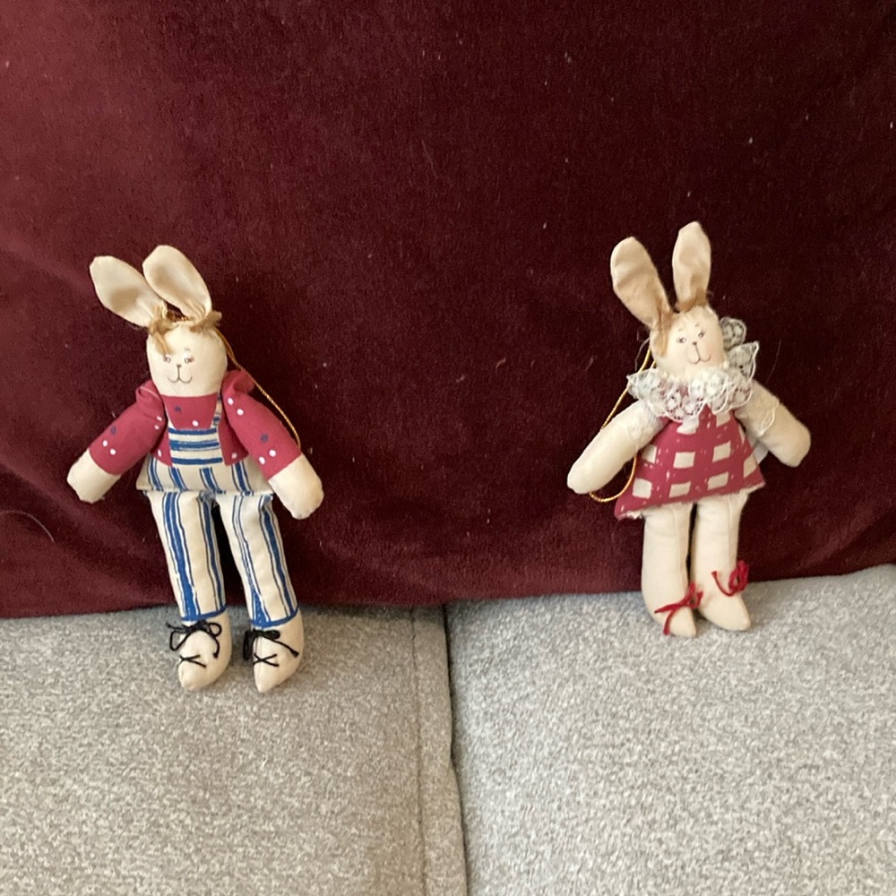 Two bunny ornaments 6.5 inches by 3 inches cloth